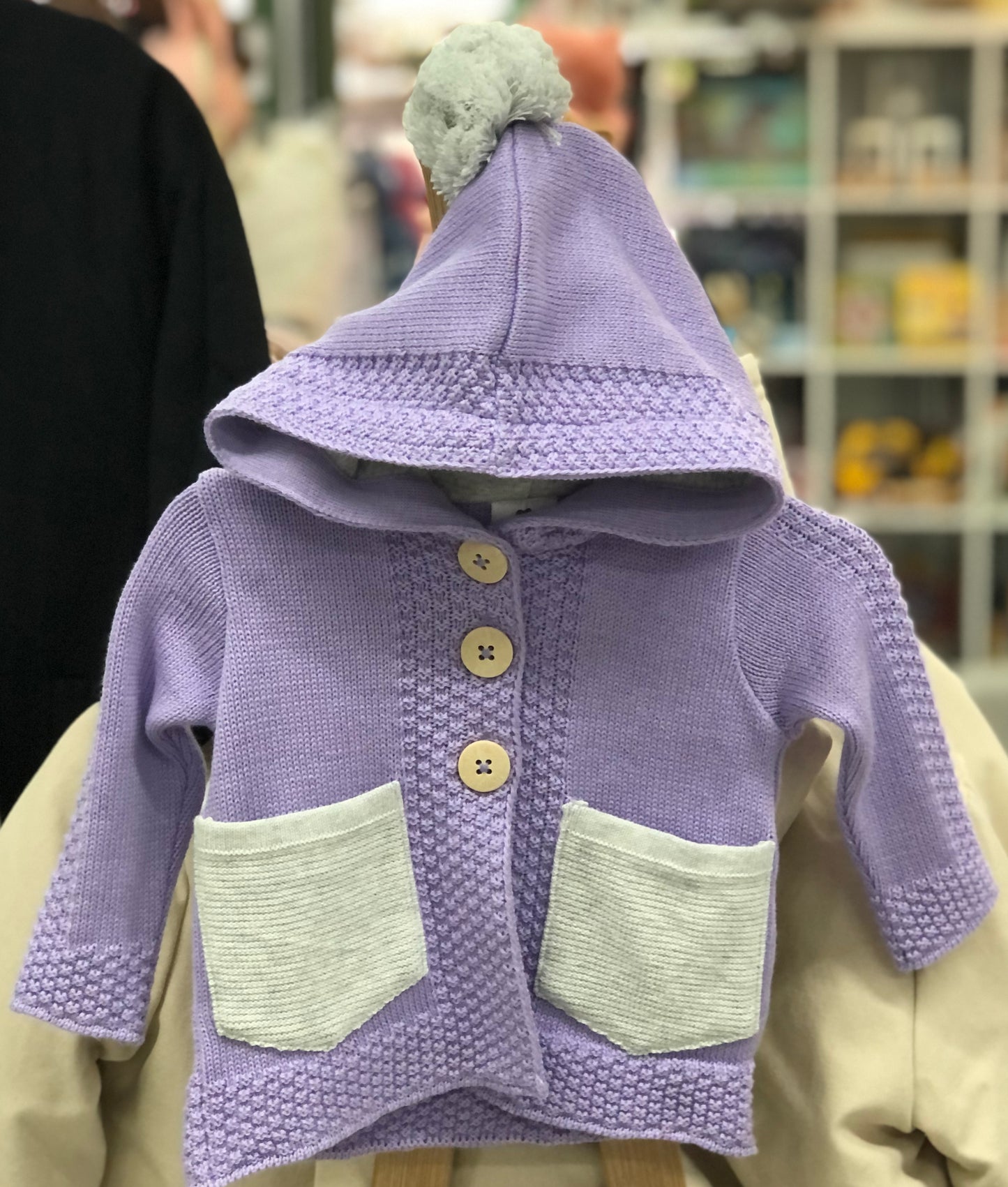 Korango Lavender Knit Jacket with Contrast Pockets and Pom Pom