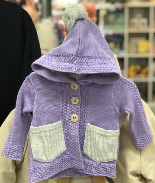 Korango Lavender Knit Jacket with Contrast Pockets and Pom Pom