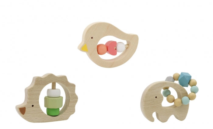 Wooden Animal Baby Rattle With Beads