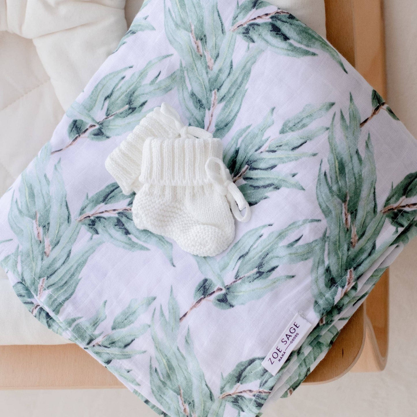Organic Cotton Muslin Swaddle Wrap - Blue Gum Leaf