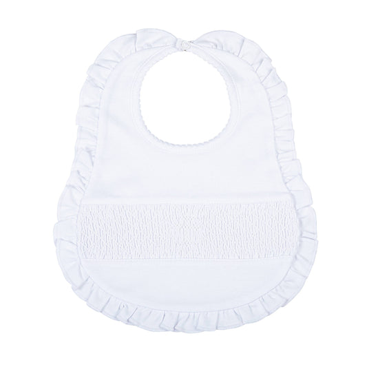 Blessed Smocked Ruffle Bib - White