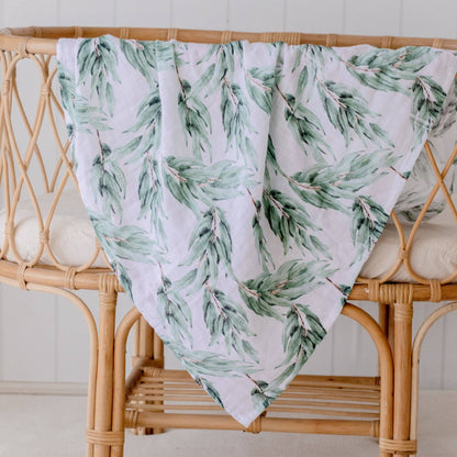 Organic Cotton Muslin Swaddle Wrap - Blue Gum Leaf