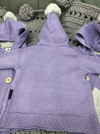 Korango Lavender Knit Jacket with Contrast Pockets and Pom Pom