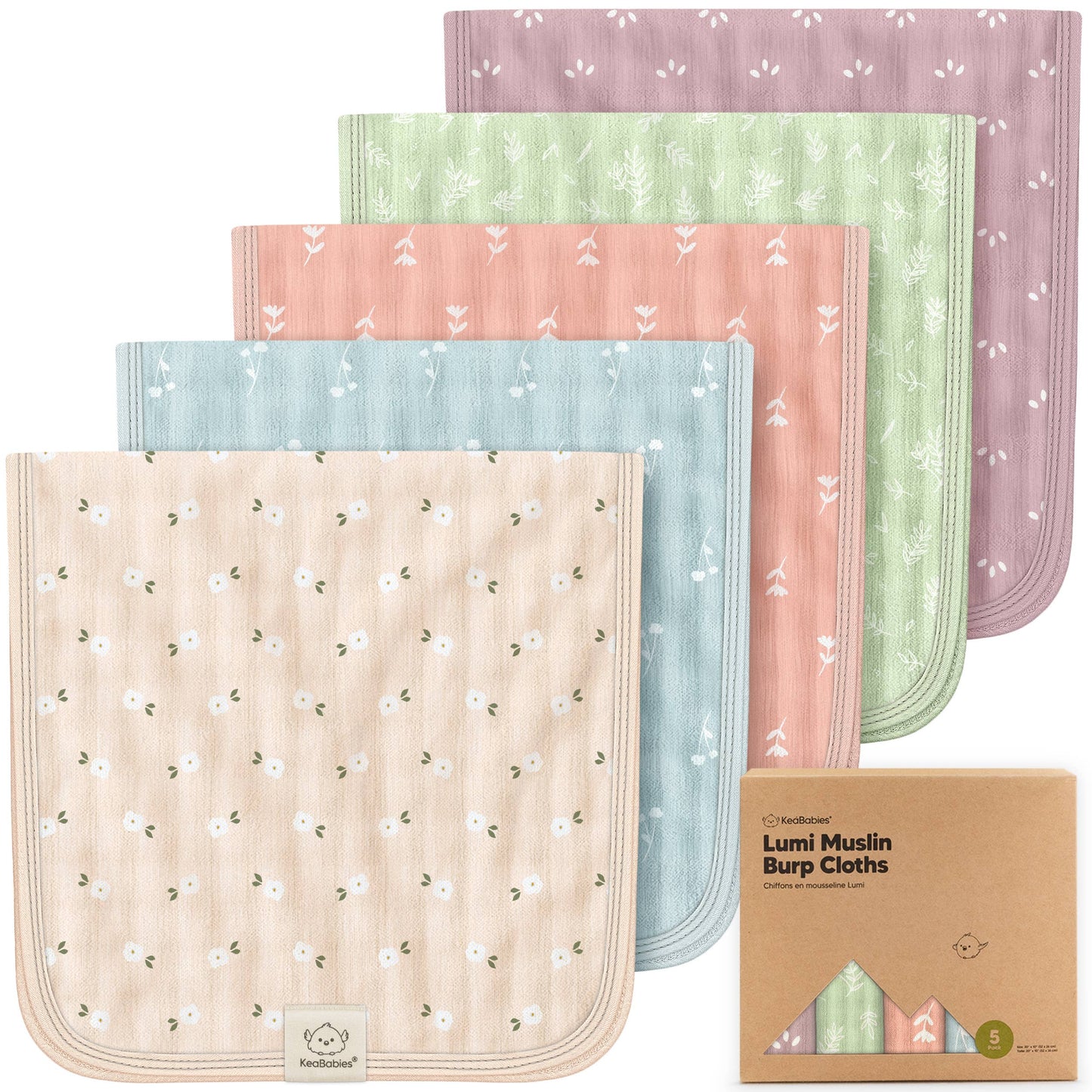 KeaBabies 5pk Lumi Muslin Burp Cloths for Baby Boys, Girls
