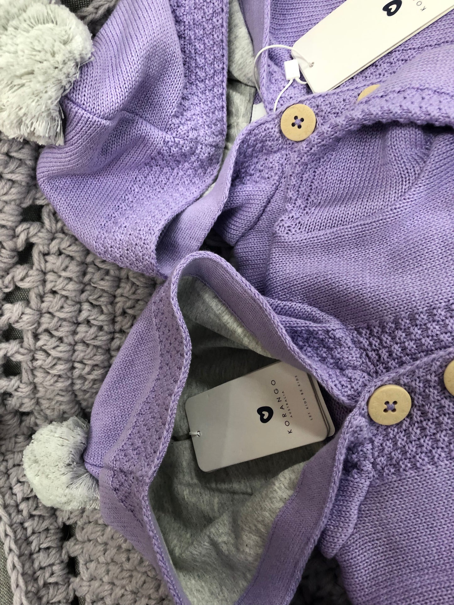 Korango Lavender Knit Jacket with Contrast Pockets and Pom Pom