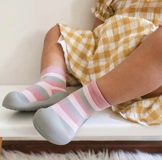 Little Eaton Rubber Soled Socks - Pink/Grey Stripe