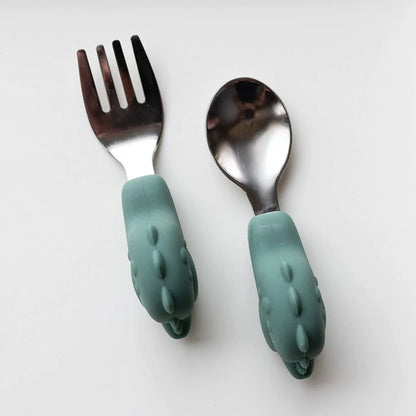Tiny Twinkle - Silicone Stainless Training Utensils - Olive Dino