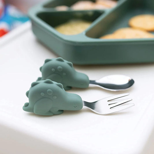 Tiny Twinkle - Silicone Stainless Training Utensils - Olive Dino