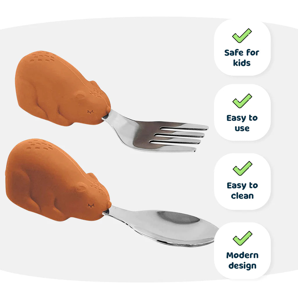 Tiny Twinkle - Silicone Stainless Training Utensils - Cinnamon Bear