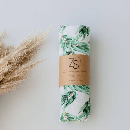 Organic Cotton Muslin Swaddle Wrap - Blue Gum Leaf