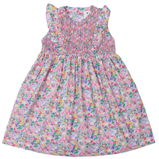 Hand Smocked Floral Dress with Frill Beige