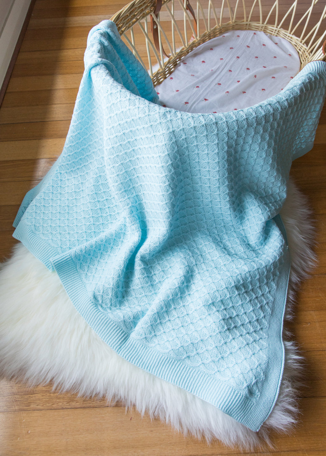 Pale Blue Lace Knit Bassinet Blanket